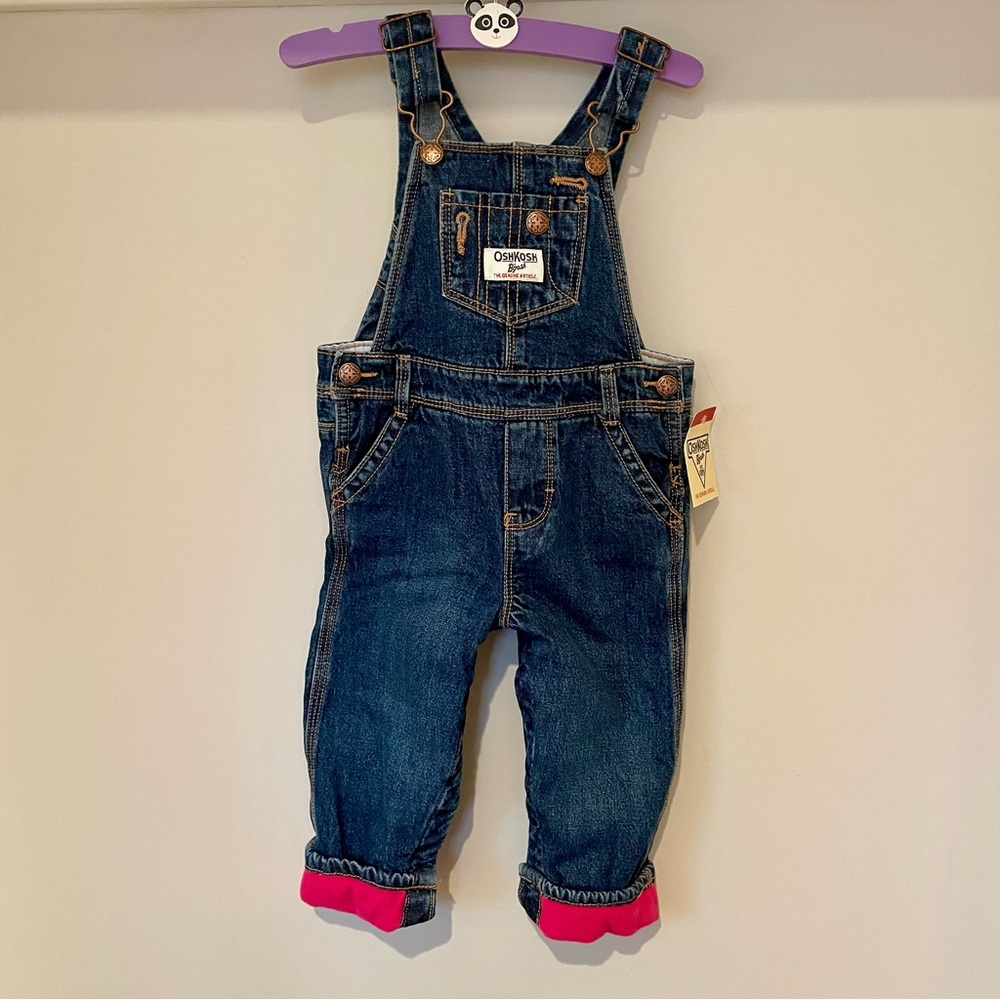 NWT OshKosh B’gosh Baby Girls Denim Overalls – 12M – Fully Lined – Snap Legs